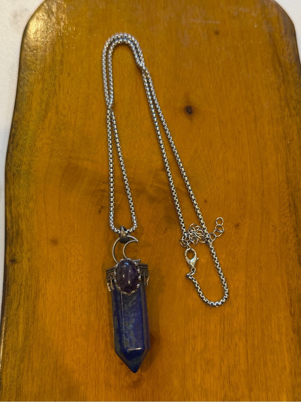 Lapis Point Pendant Necklace with Amethyst Accent - Silver Tone
